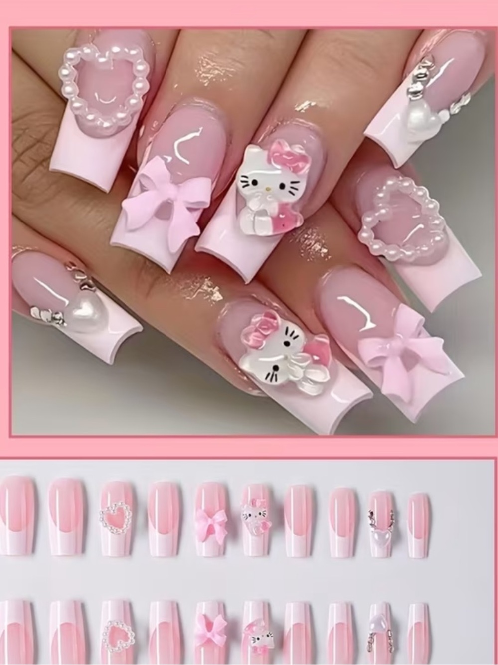 Hello Kitty-themed press-on nails featuring 3D bow charms and gem accents